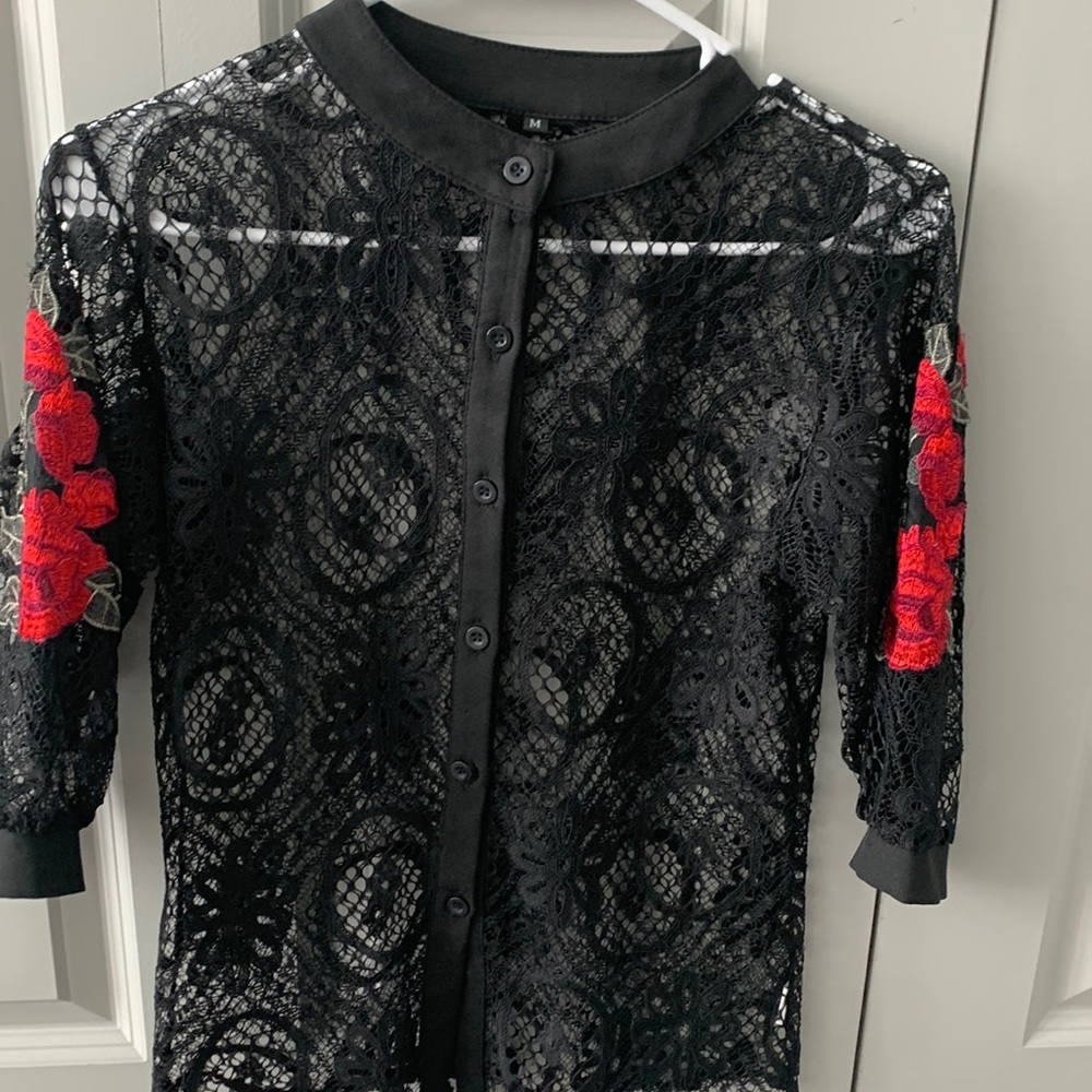 Embroidered Top, floral button down.